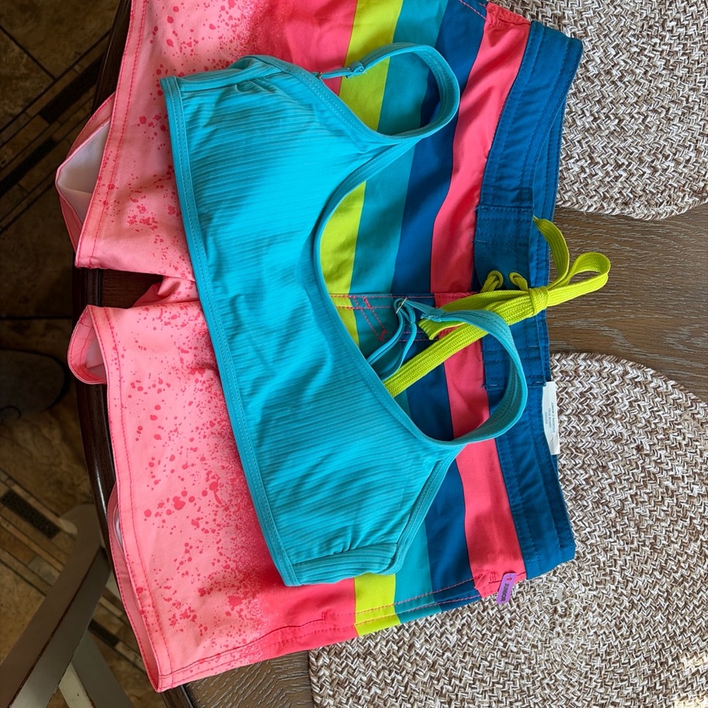 Girls Junior Bikini Top with Lime & Coral Striped  swimsuit bottom both small
